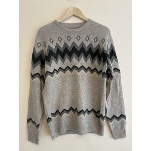 Barbour Regis Fair Isle Sweater Men Medium 100% Wool Grey‎ Crewneck Zig Zag